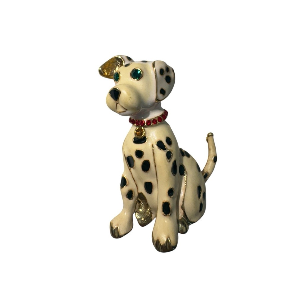Vintage Gold Tone Enamel Rhinestone Collar Green Eyed Dalmatian Dog Brooch Pin